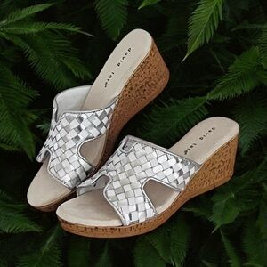 David Tate Moderno Slip On Wedges Sandals‎ Leather Upper Open Toe Silver